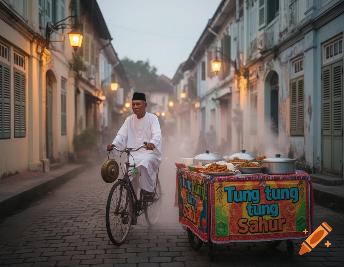 A man on a bicycle with a gong attached rides past a steaming food cart with "Tung tung tung Sahur" on its side, in a narrow street lined with old buildings.
