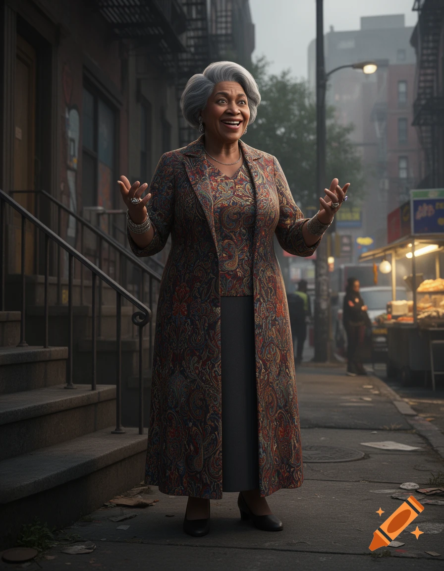 A smiling elderly woman with grey hair and a patterned coat stands on a city street, gesturing with her hands. Photorealistic style.
