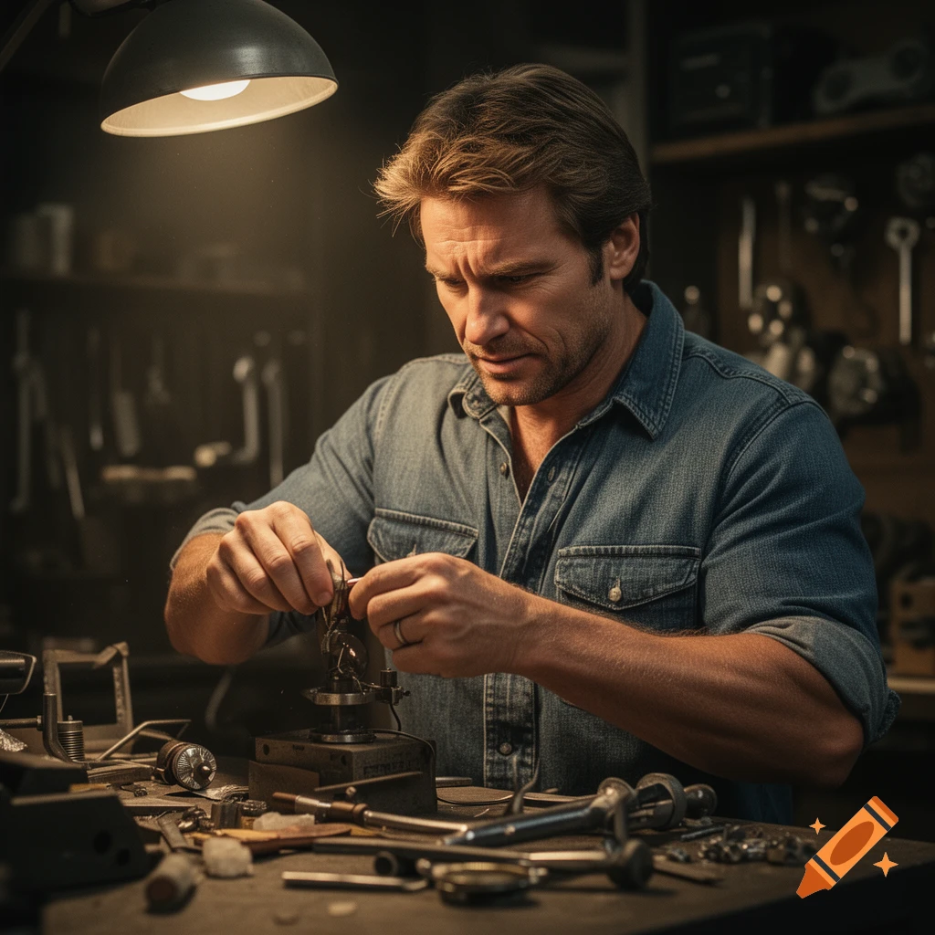 A photorealistic image of a man in a denim shirt intently working on a small mechanism at a cluttered workbench under a lamp.