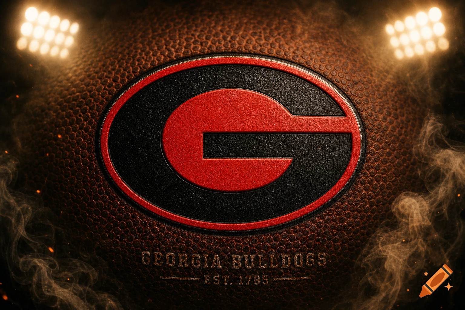 A close-up of the Georgia Bulldogs logo, featuring a red 'G' on a black oval, embossed on a brown leather-like texture with stadium lights and smoke.