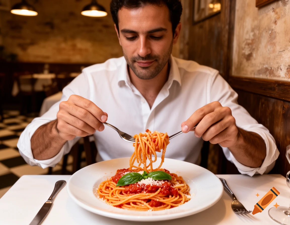 A man in a white shirt twirls spaghetti with two forks over a plate of pasta in a restaurant.