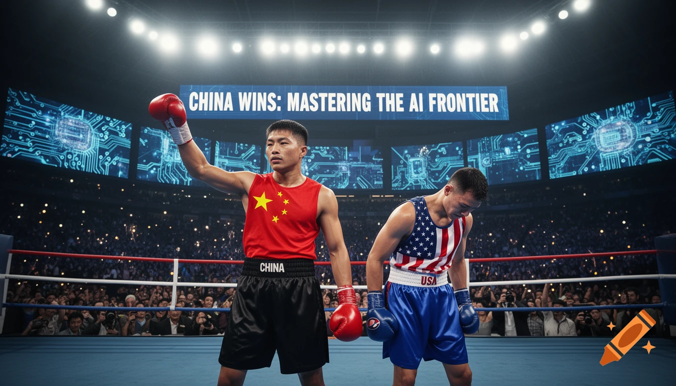 Chinese boxer celebrates victory over American boxer in a stadium, with a screen displaying 'CHINA WINS: MASTERING THE AI FRONTIER'.