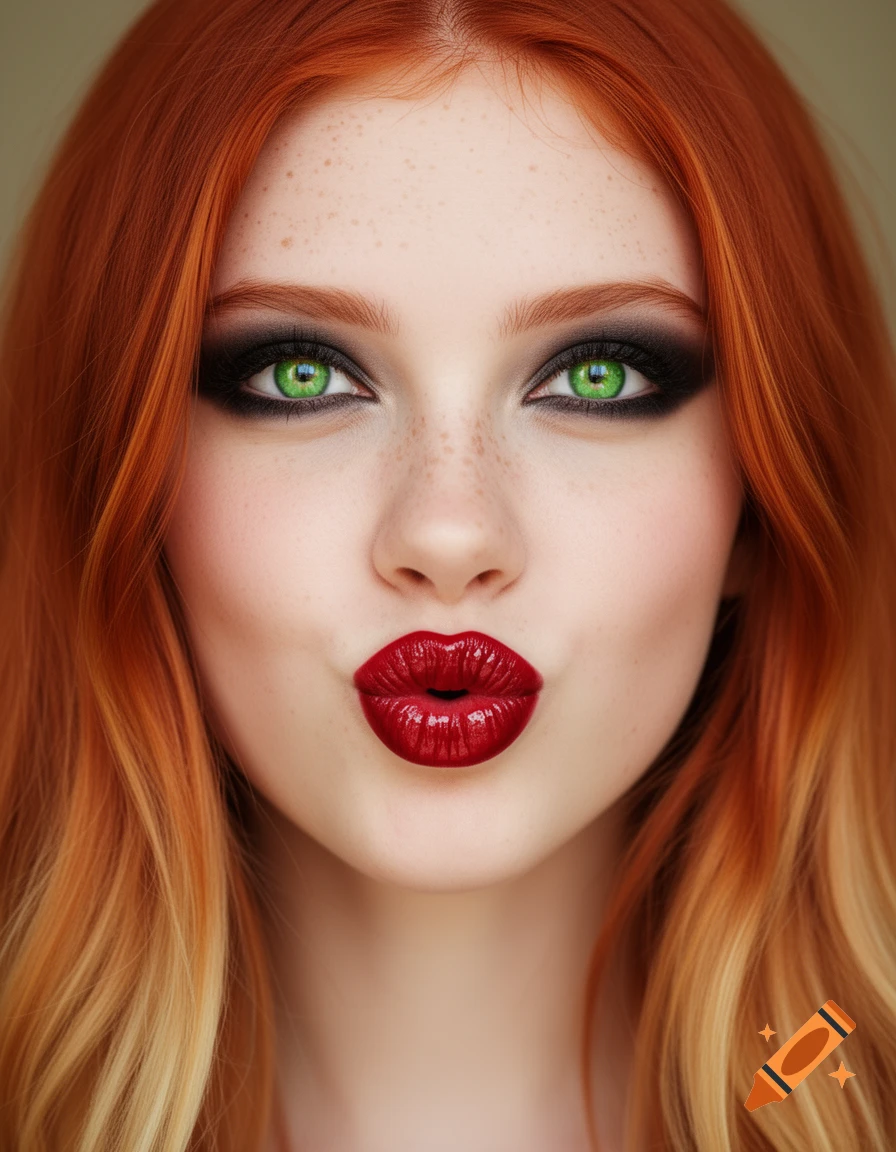 Photorealistic close-up of a young woman with red hair, green eyes, freckles, and red puckered lips.