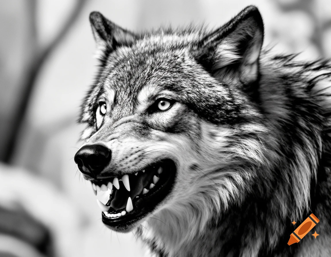 Close-up of a fierce black and white wolf snarling, baring its teeth with intense eyes.