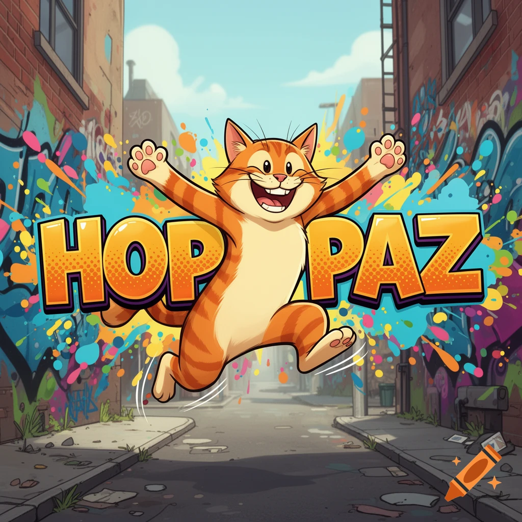 A vibrant cartoon orange cat with stripes jumps exuberantly in a graffiti-covered alley with the words 'HOP PAZ'.
