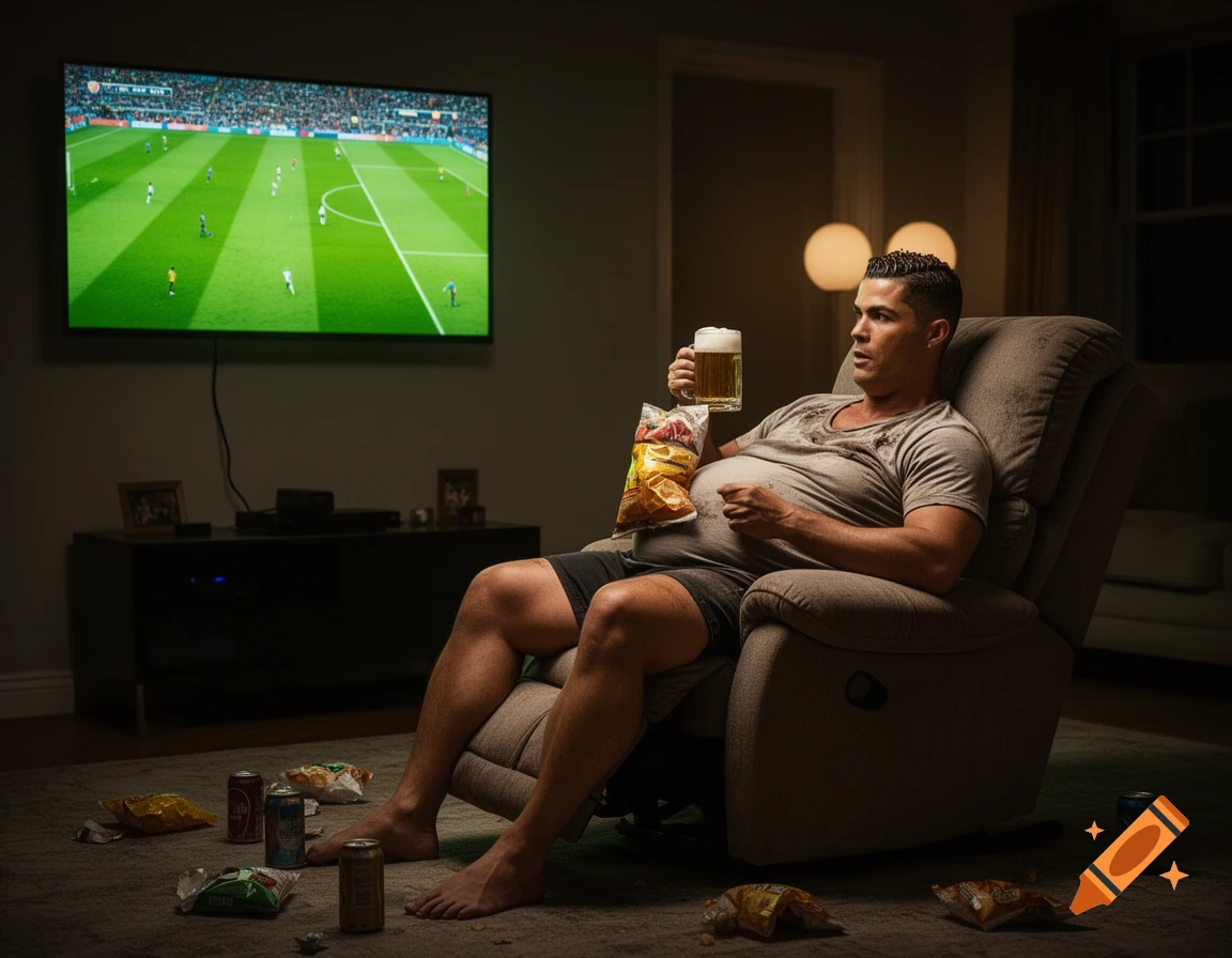 A man resembling Cristiano Ronaldo with a beer belly sits in a recliner, eating chips and drinking beer while watching a soccer game on TV.