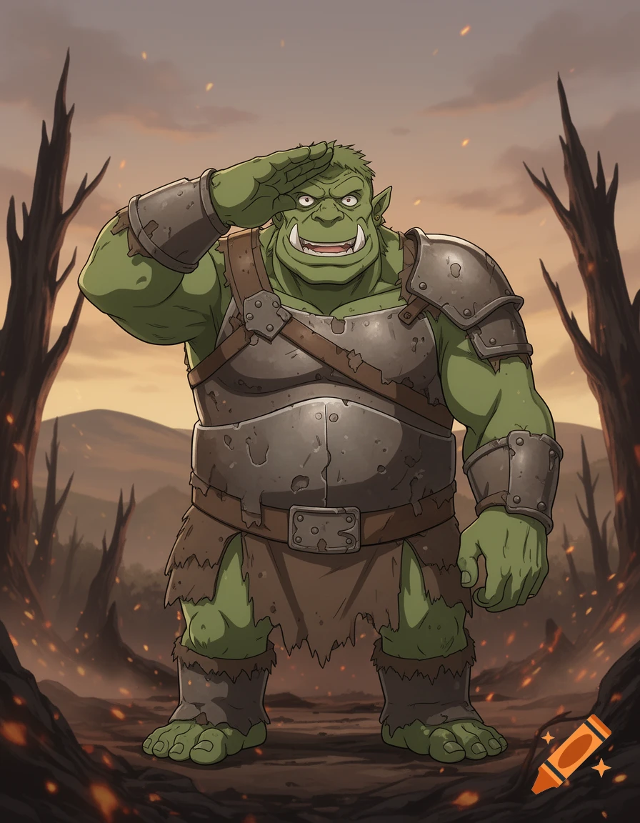 A green orc in armor saluting in a desolate, fiery landscape, anime style.