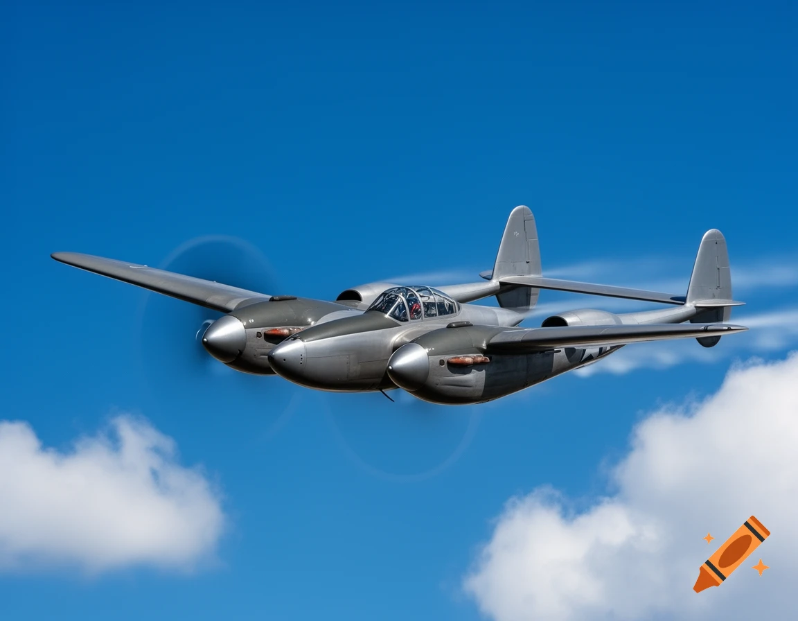 A silver P-38 Lightning propeller plane with a twin-boom fuselage flying in a clear blue sky with scattered white clouds.