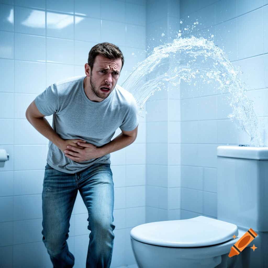 A man clutches his stomach in a blue-tiled bathroom as water explodes from a toilet behind him, showing discomfort.