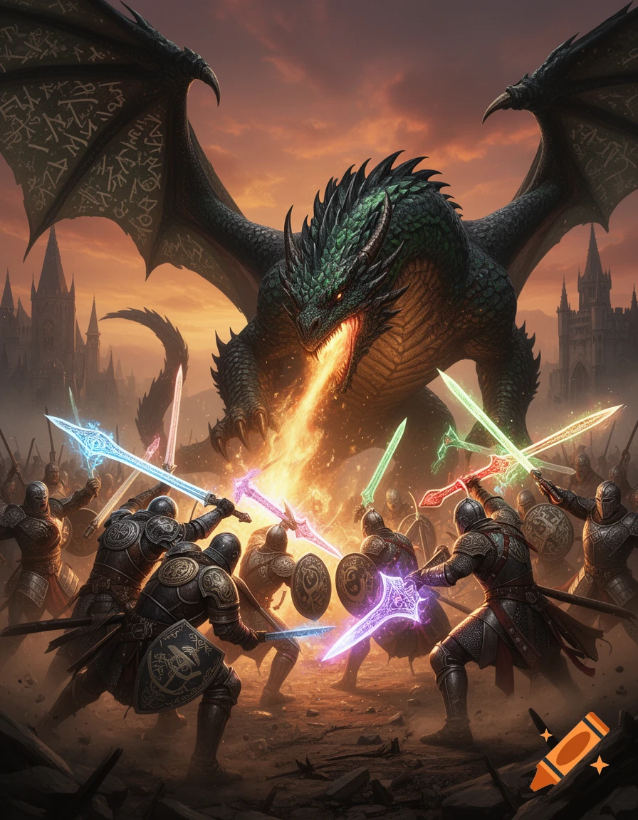 Photorealistic artwork of armored knights battling a fire-breathing green dragon with glowing swords in a fantasy castle setting at sunset.