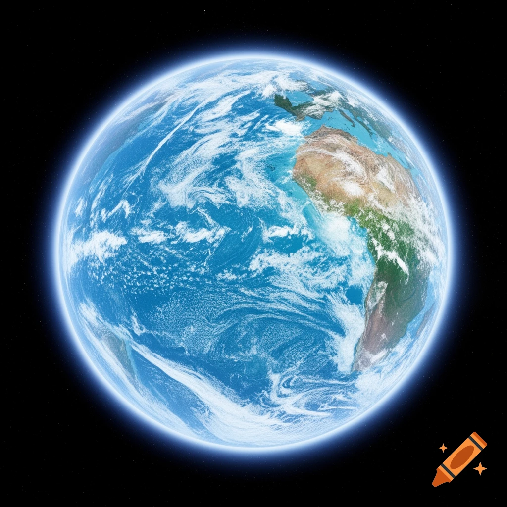A photorealistic image of Earth viewed from space, featuring continents, blue oceans, and white clouds, with a faint blue aura.
