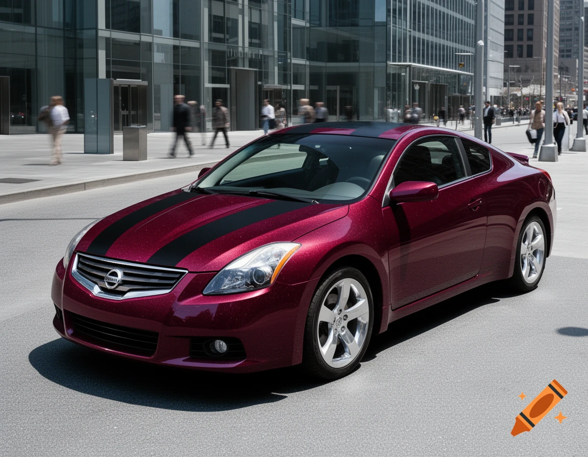 A photorealistic image of a burgundy Nissan Altima coupe with black racing stripes, parked on a city street.