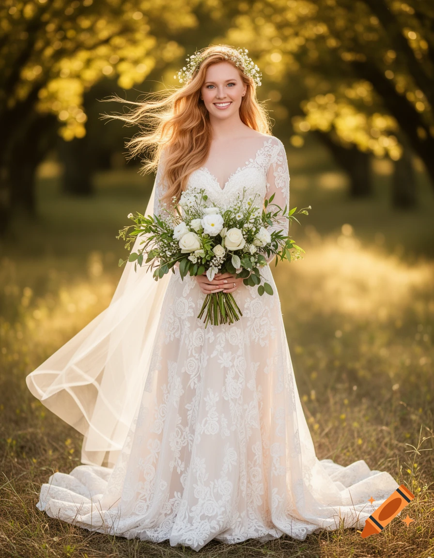 A smiling bride in an ivory lace gown and flower crown holds a white rose bouquet in a sunlit outdoor landscape.