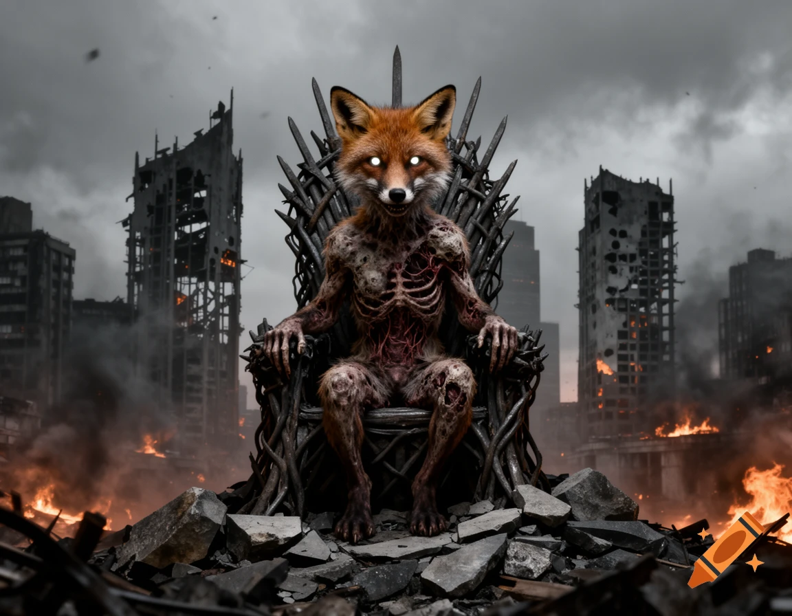 A zombified anthropomorphic fox with exposed ribs and glowing eyes sits on a dark throne amidst a burning, ruined city under a stormy sky.