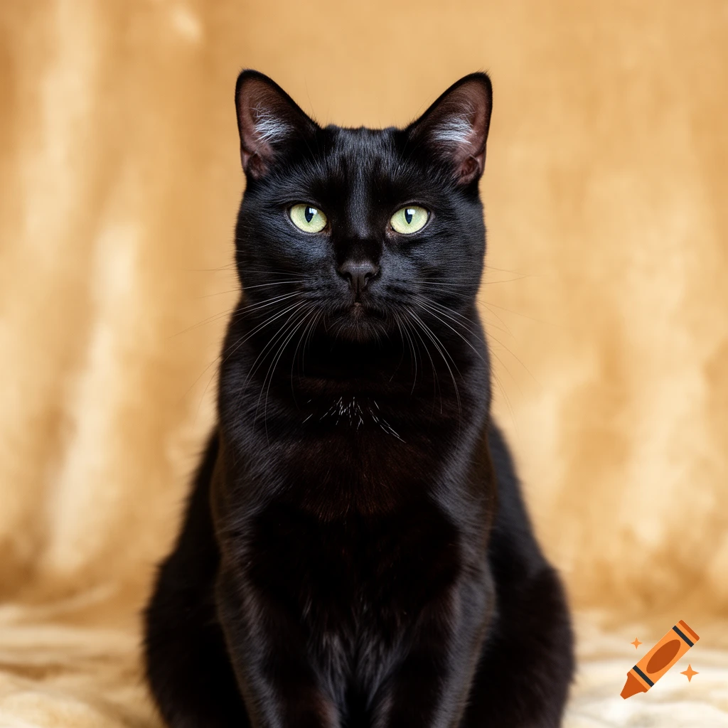 A photorealistic black cat with bright green eyes sits upright against a warm, softly textured golden-beige background.