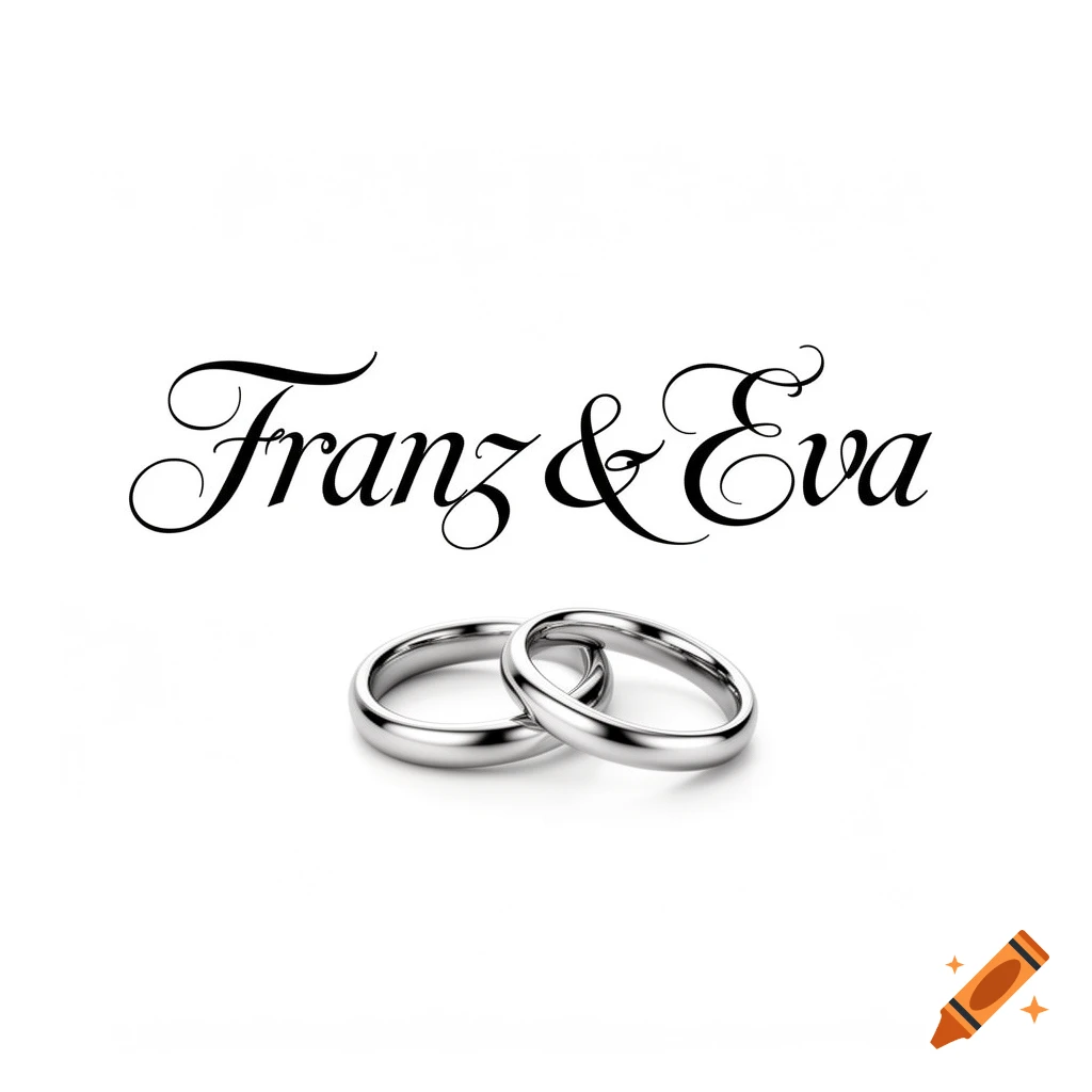 Calligraphic text 'Franz & Eva' above two interlocked silver wedding rings on a white background.