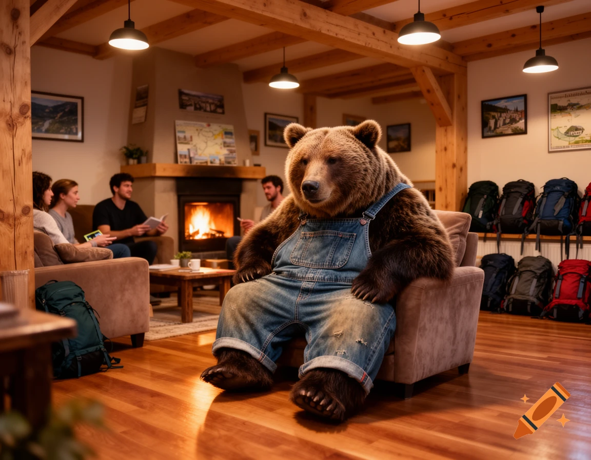 A photorealistic image of a brown bear in overalls sitting on an armchair in a cozy hostel common room with people.