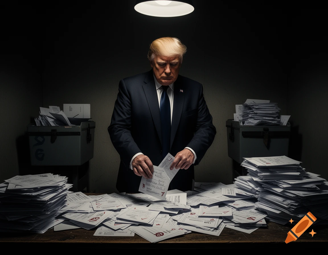Photorealistic image of Donald Trump under a harsh light, looking down as he handles papers on a table laden with stacks of documents.