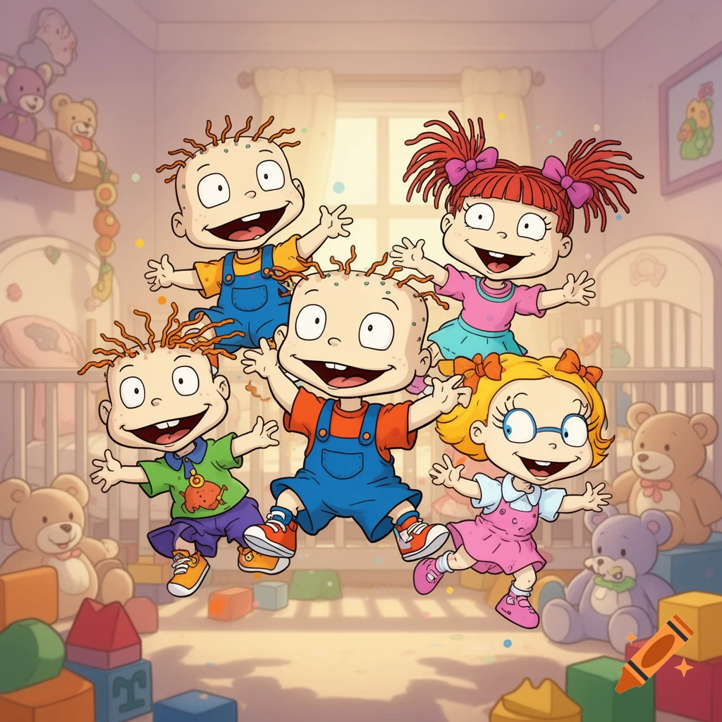 Five joyful cartoon babies in Rugrats style jump with arms outstretched in a bright nursery filled with toys.