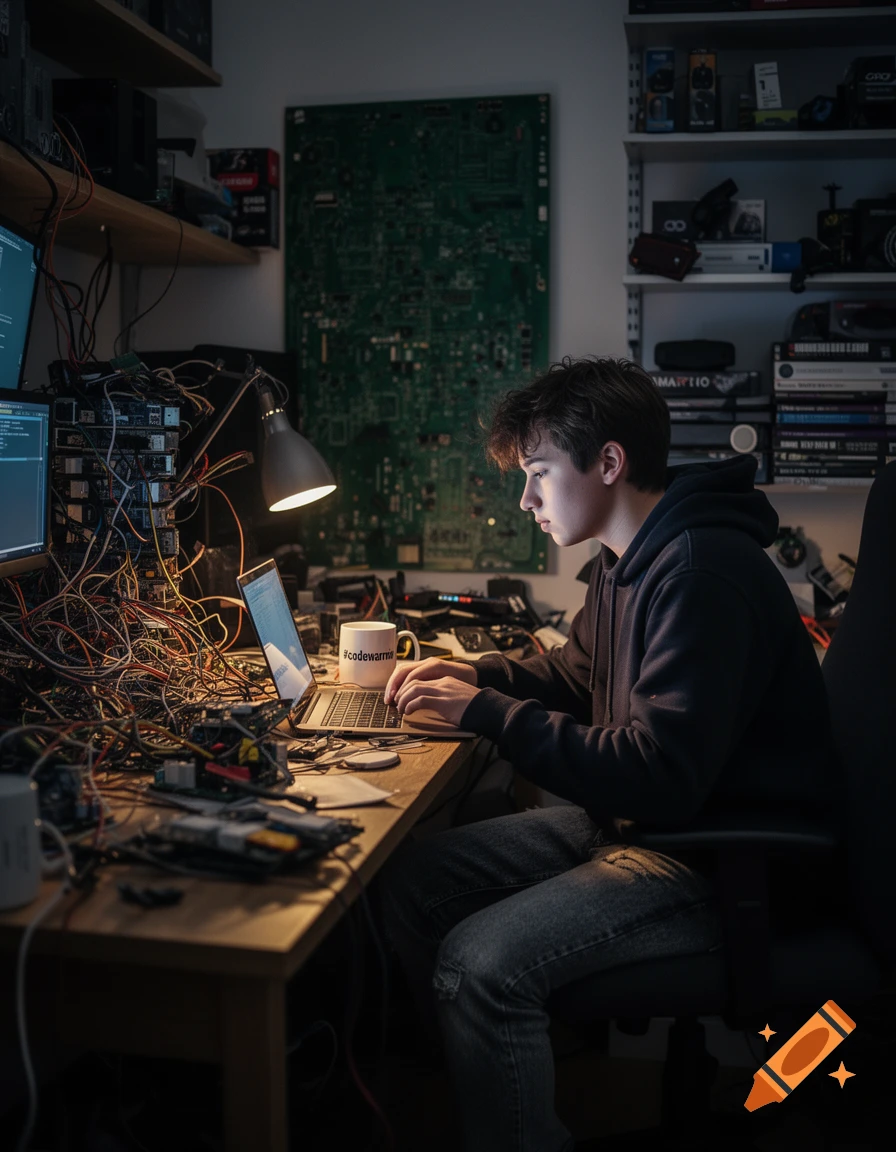 A young programmer works on a laptop at a cluttered desk filled with wires and computer components, lit by a desk lamp.
