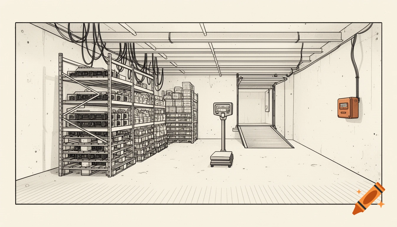 Line art of a basement warehouse with shelves of servers, pallets, an industrial scale, and a loading ramp.