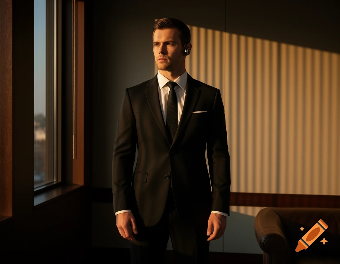 Photorealistic portrait of a serious man in a black suit and earpiece, looking out a sunlit window.