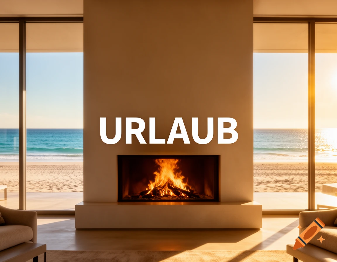 A modern room with a lit fireplace and large windows overlooking a sunny beach and ocean. The word "URLAUB" is in the foreground.