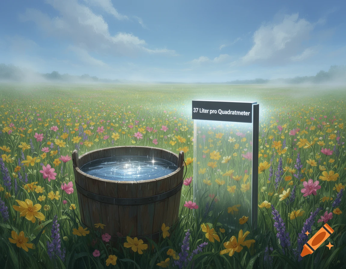 A wooden bucket of sparkling water in a field of wildflowers next to a glowing sign reading '37 Liter pro Quadratmeter'.
