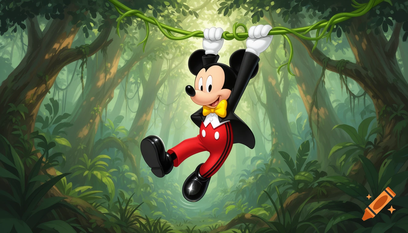 Mickey Mouse wearing a black tuxedo jacket, white vest, yellow bow tie, and red pants, swinging on a green vine in a lush jungle.