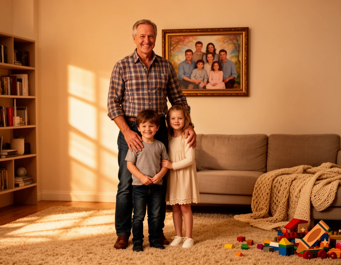 A smiling older man stands with a boy and a girl in a cozy living room, a framed family portrait on the wall.