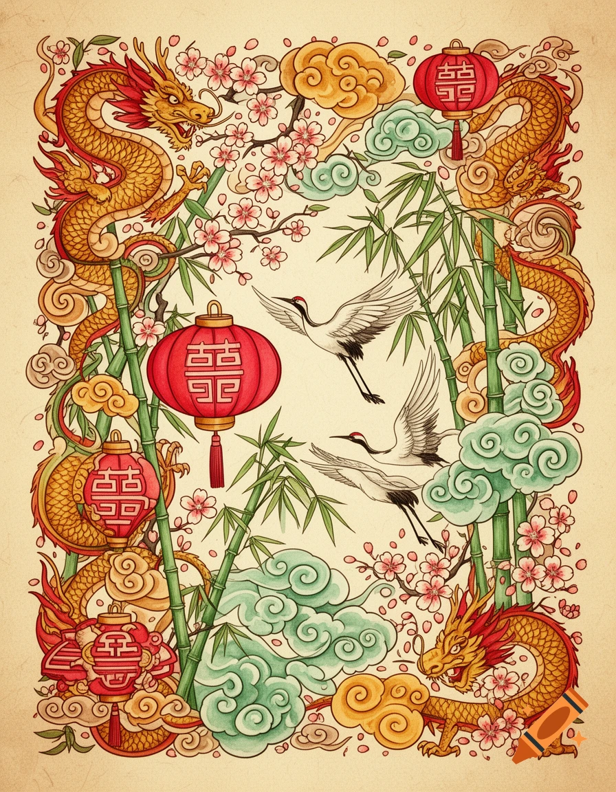 Detailed Chinese style illustration with golden dragons, flying cranes, bamboo, cherry blossoms, and red lanterns on a light background.
