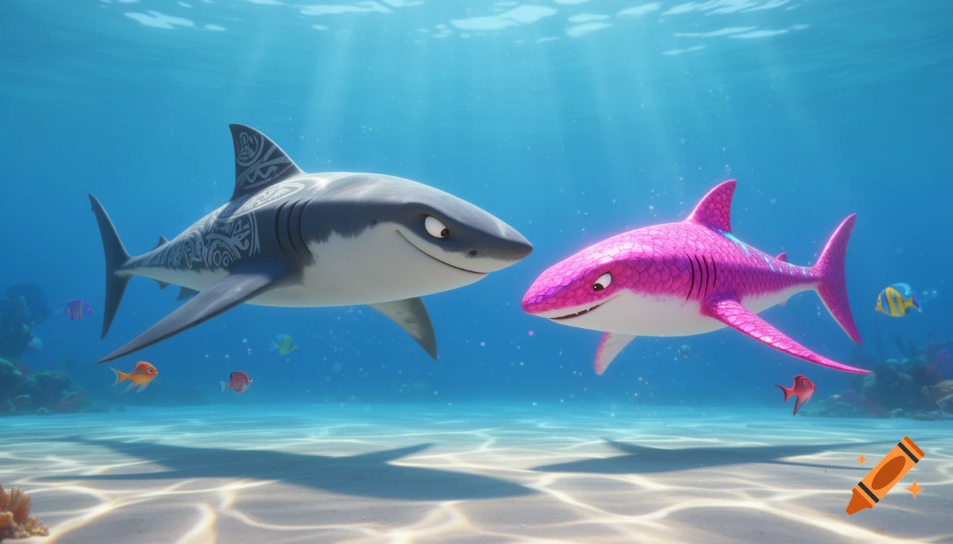 Two animated sharks, one grey with tribal patterns and one vibrant pink, swim facing each other underwater with sunlit sand and fish.