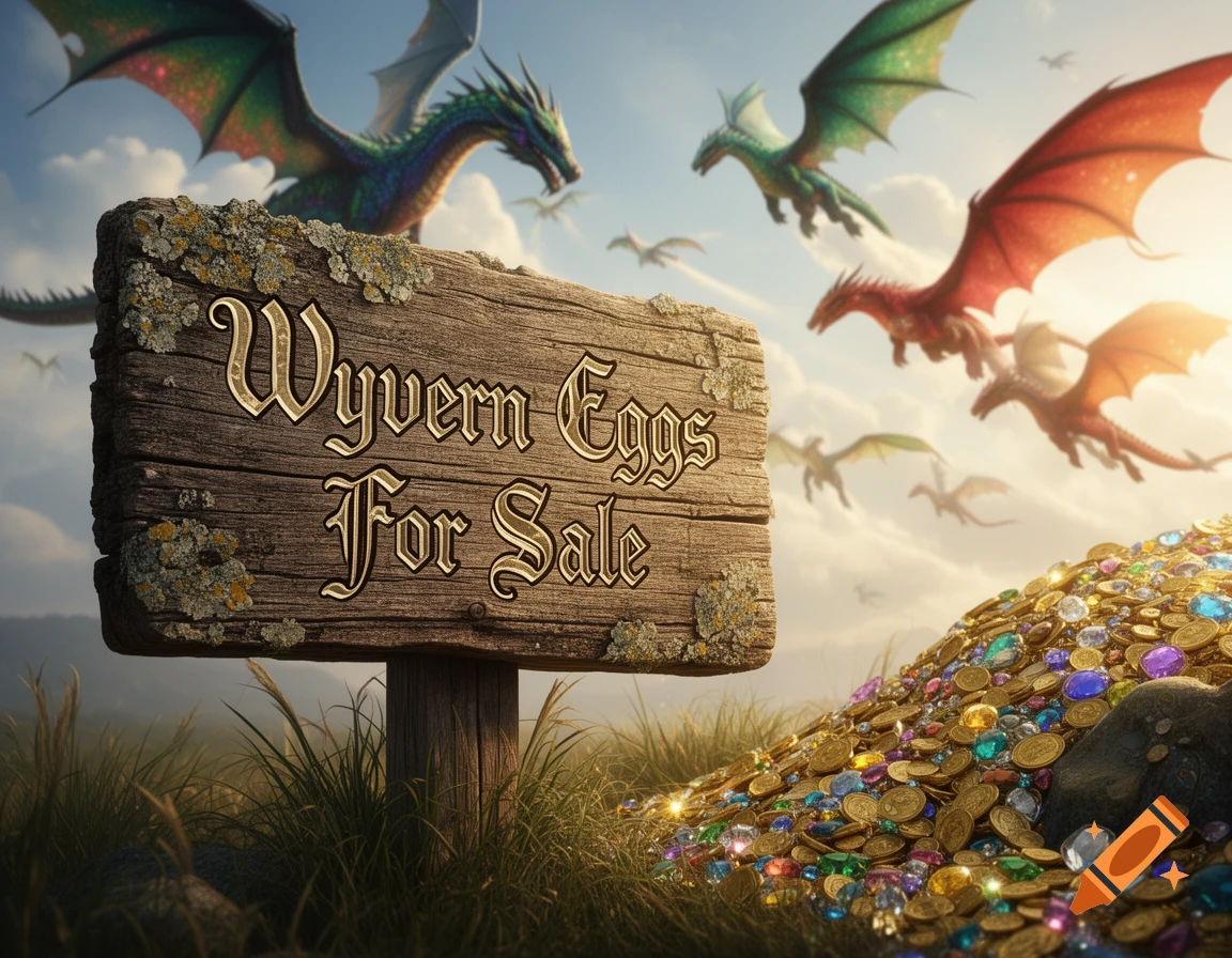 A wooden sign reads 'Wyvern Eggs For Sale' in a grassy field, with flying dragons in the sky and a large pile of gold and gems.