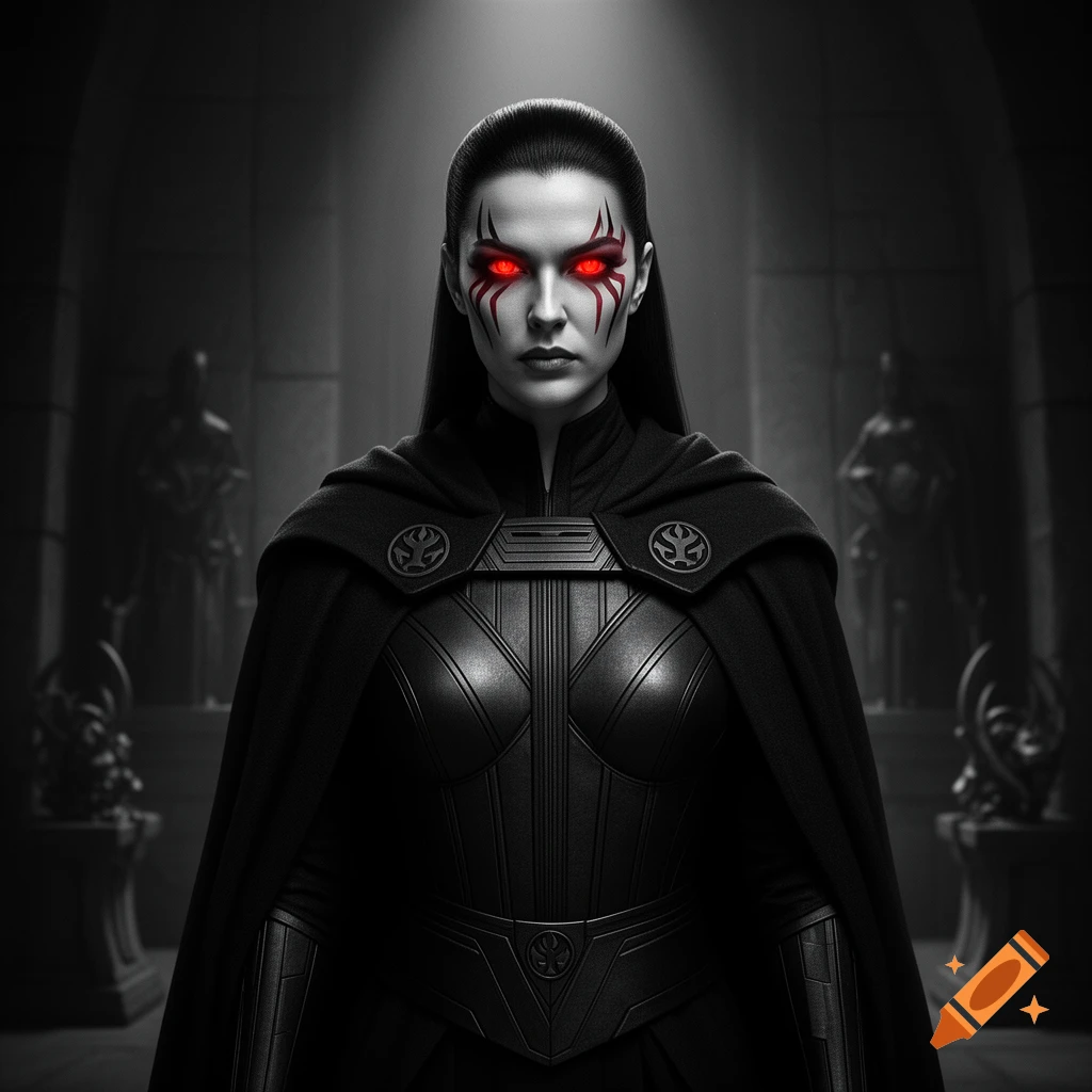A female Sith Lord with glowing red eyes and face markings, wearing black armor and cape in a dark chamber.