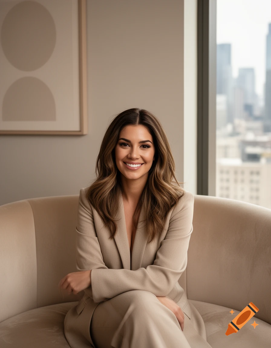 A smiling woman in a beige pantsuit sits on a sofa in a modern office, with a city skyline visible through a window.