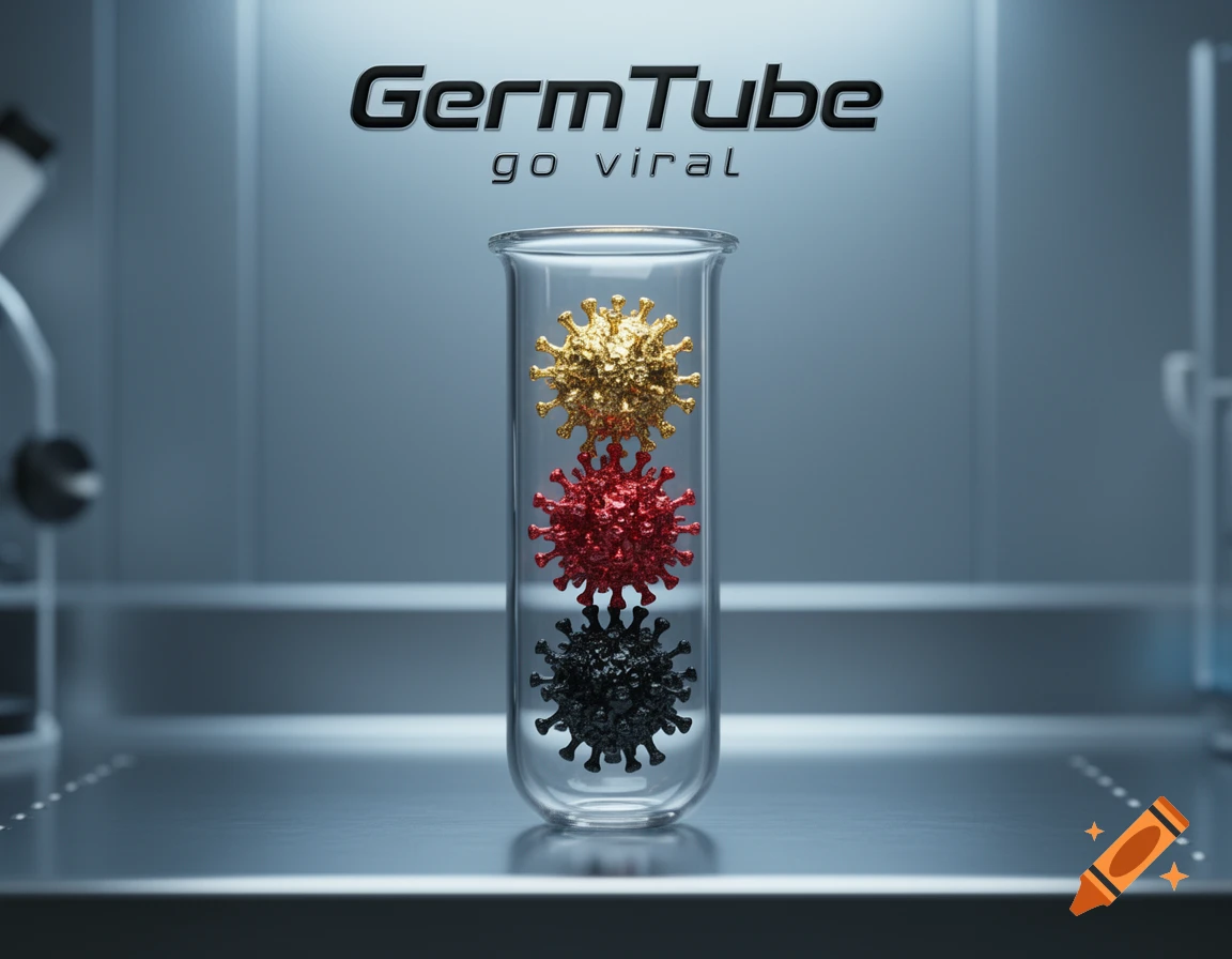 A test tube contains three virus models in black, red, and gold. Above the test tube, "GermTube go viral" text is displayed in a laboratory setting.