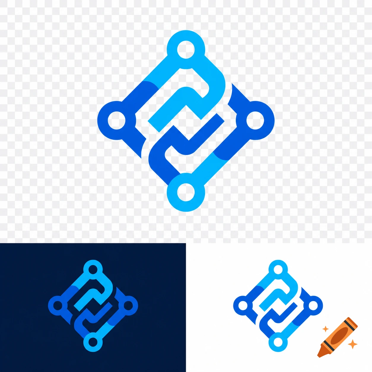 Blue abstract geometric logo with nodes and lines, resembling a digital connection or circuit, shown on transparent, dark, and light backgrounds.