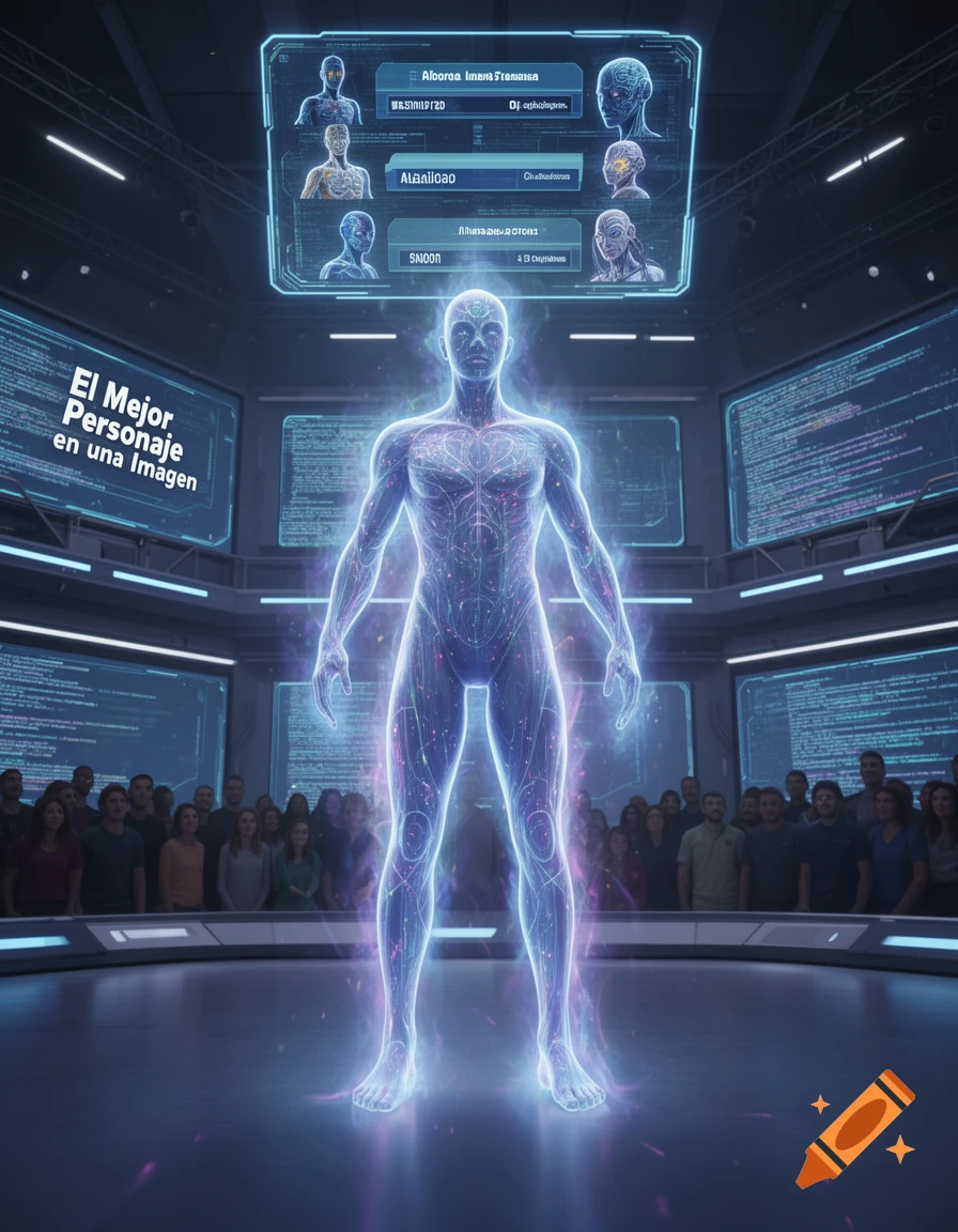 A glowing blue digital humanoid avatar stands on a stage in a futuristic room with large screens displaying code and holographic interfaces, a crowd watches in the background.