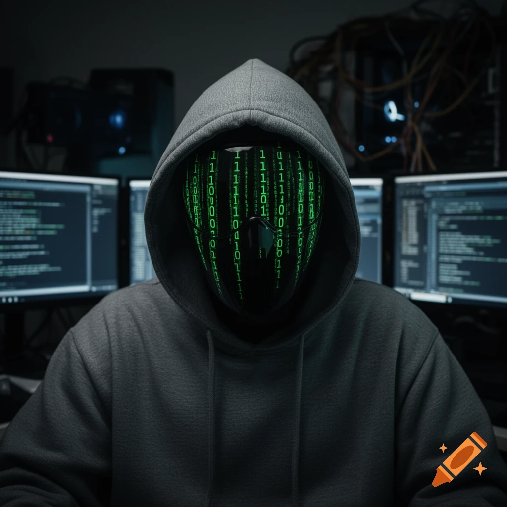 A mysterious figure in a grey hoodie and a mask covered in green binary code, seated in a dark room with multiple computer screens displaying code.