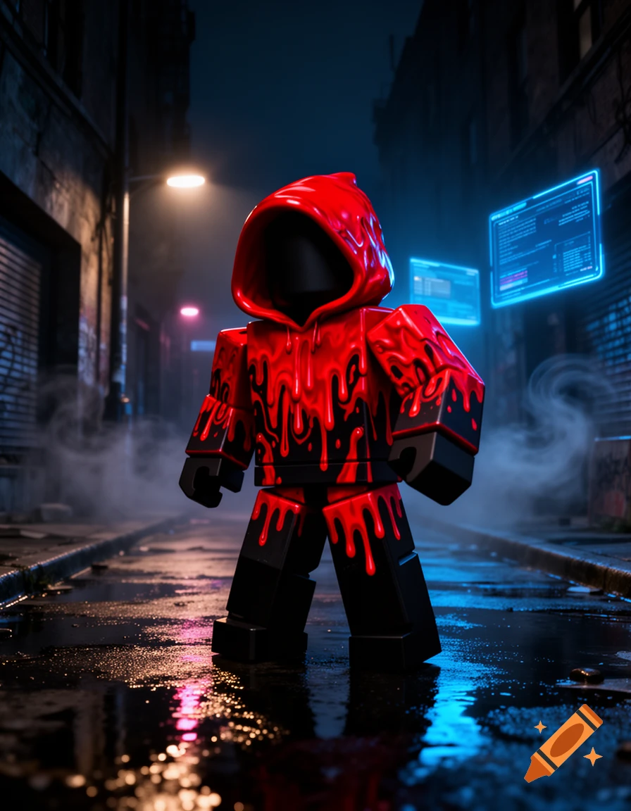 A stylized Roblox character in a red and black dripping hoodie stands in a dark, wet alley with glowing blue screens.