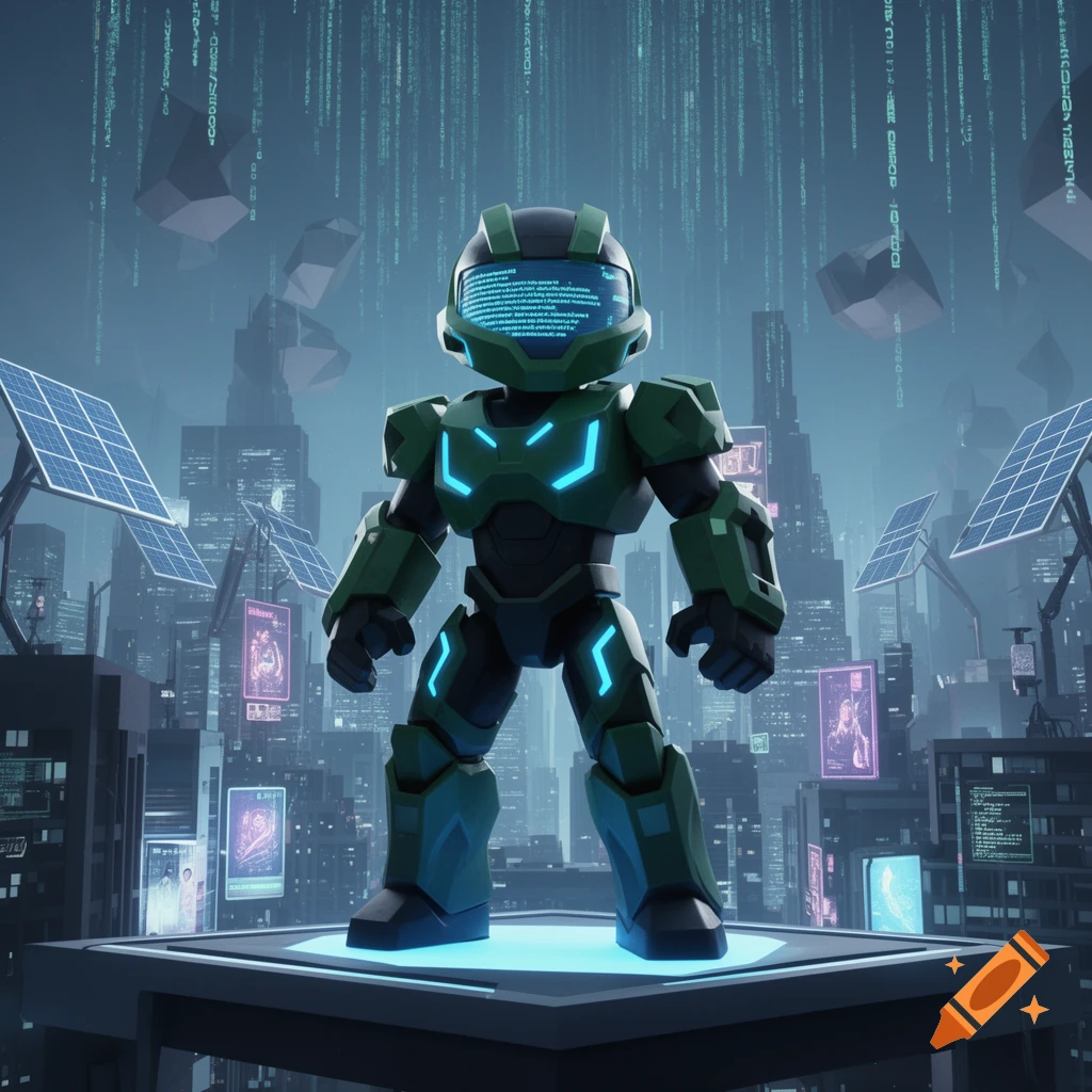A stylized green and black armored robot with a code-displaying visor stands on a platform in a futuristic city with raining code.