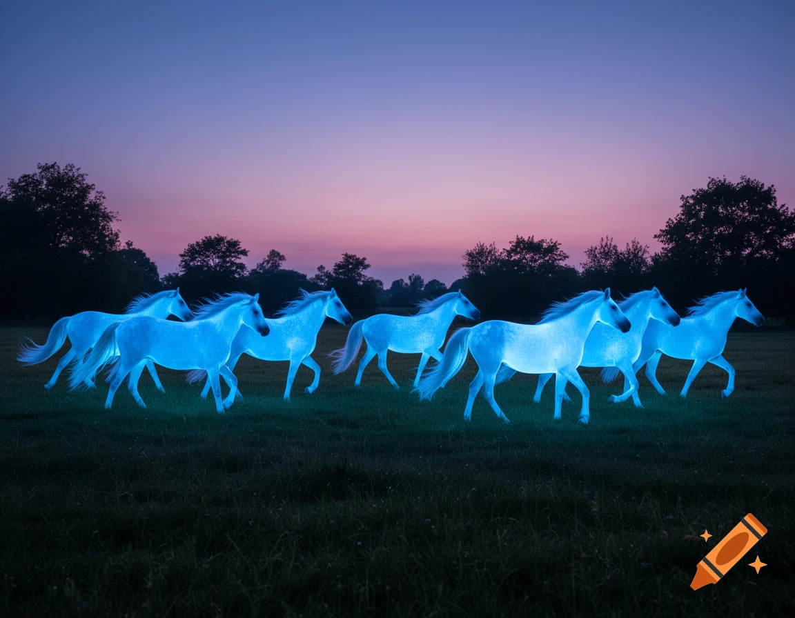 Neon blue horses gallop across a grassy field under a purple and orange dusk sky.