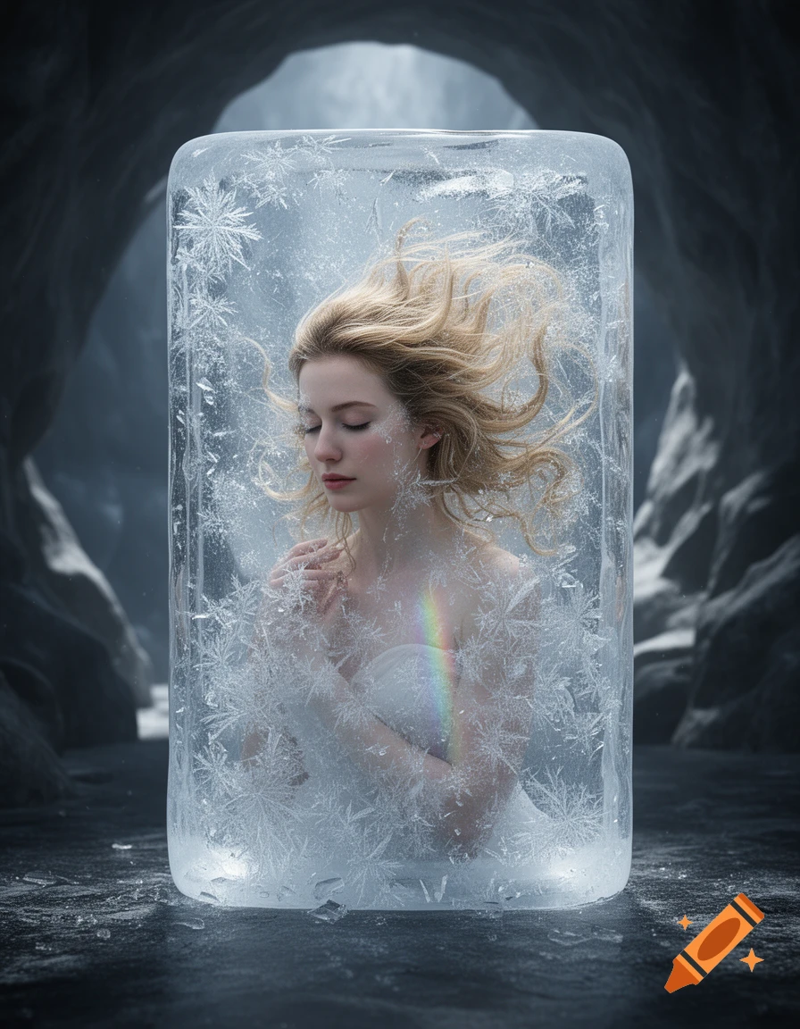 Photorealistic image of a blonde woman with closed eyes, encased in a frosted ice block, with a rainbow prism, set in a dark cave.