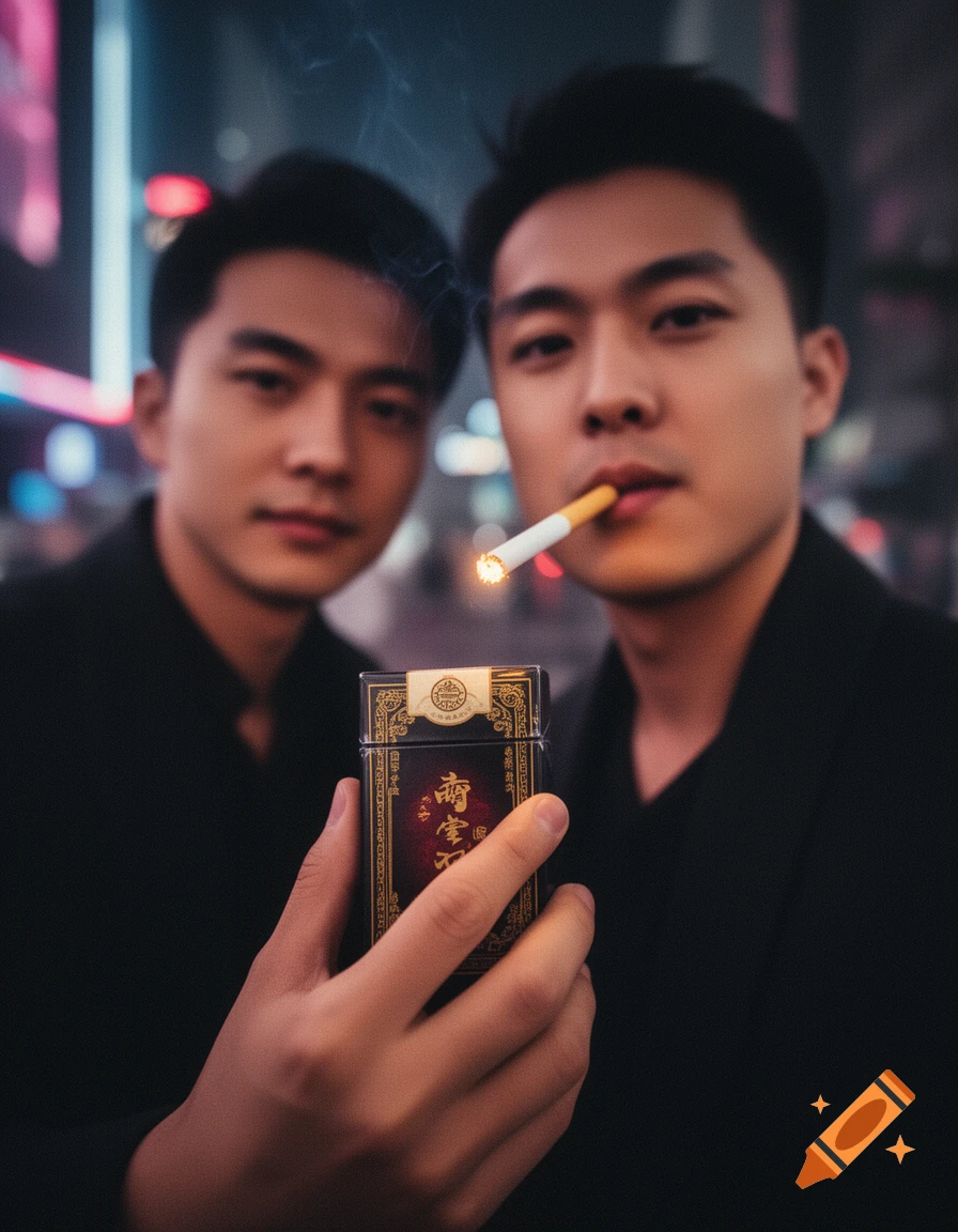 Two Chinese men in an urban night setting, one holding a fancy cigarette pack and smoking, in a selfie perspective.