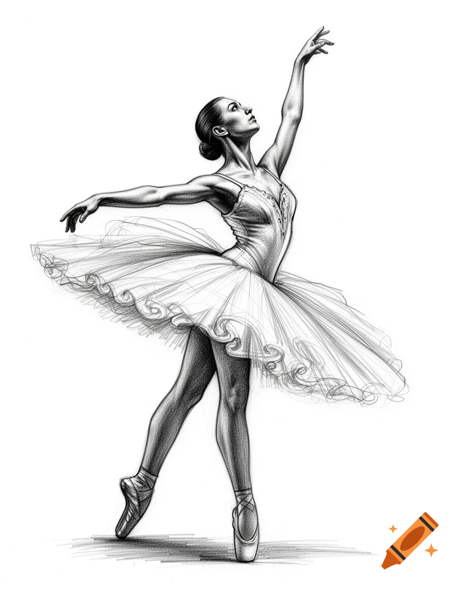 Detailed graphite pencil sketch of a graceful ballerina in a dynamic pose, looking upwards with extended arms.