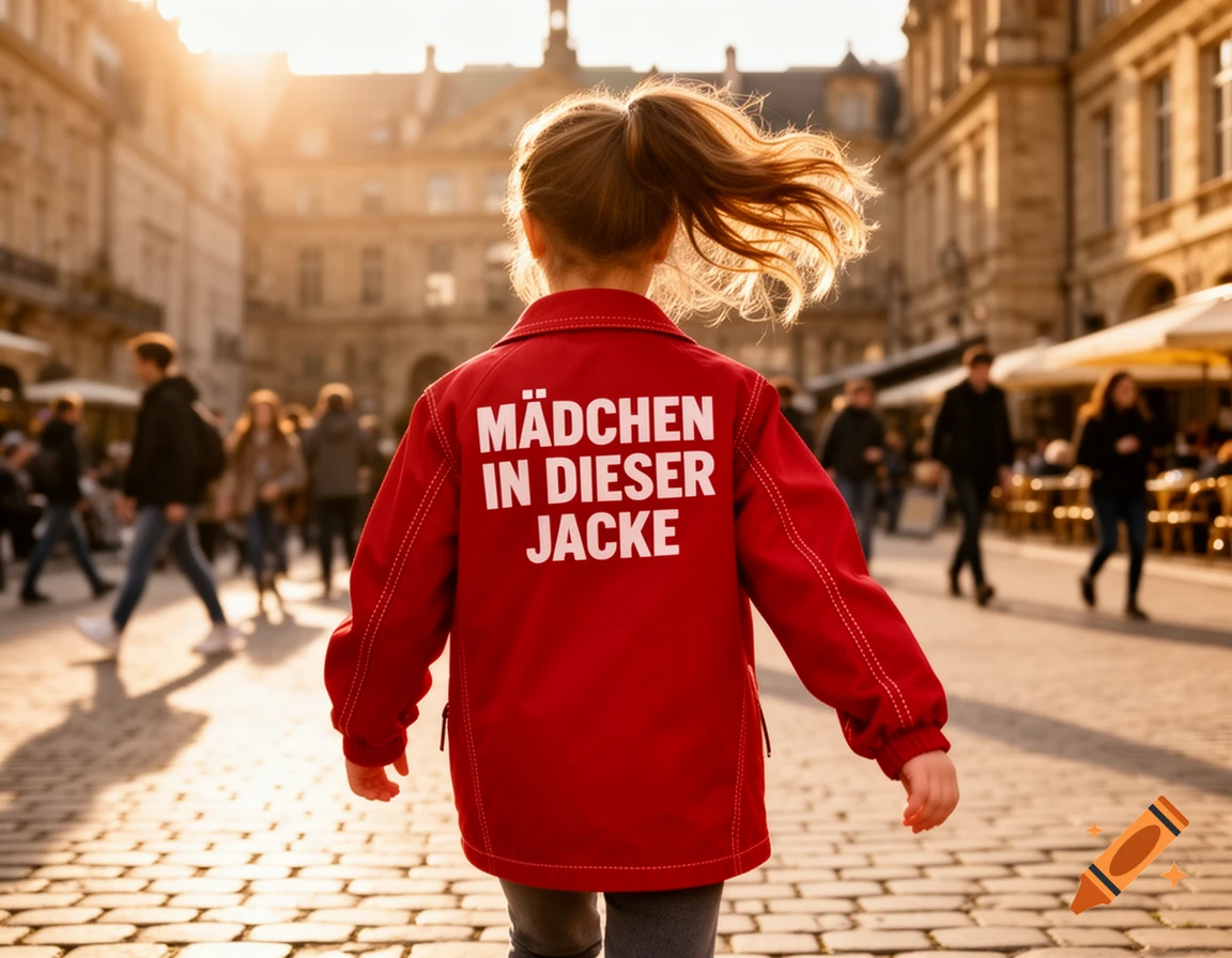 A young girl with a ponytail, seen from behind, walks down a sunny city street, wearing a red jacket with white text.