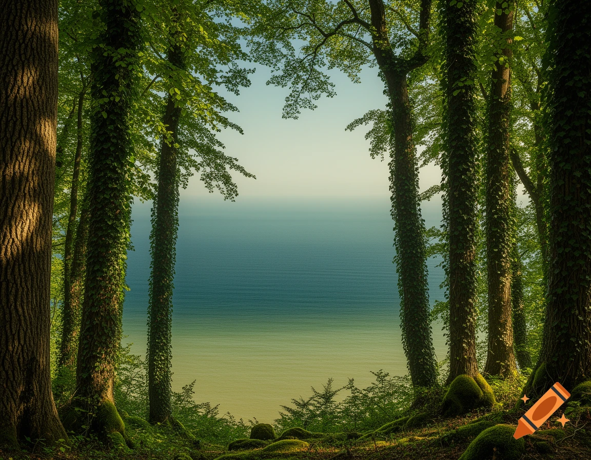 Lush green forest trees with ivy overlooking a serene blue and green sea under a light sky.