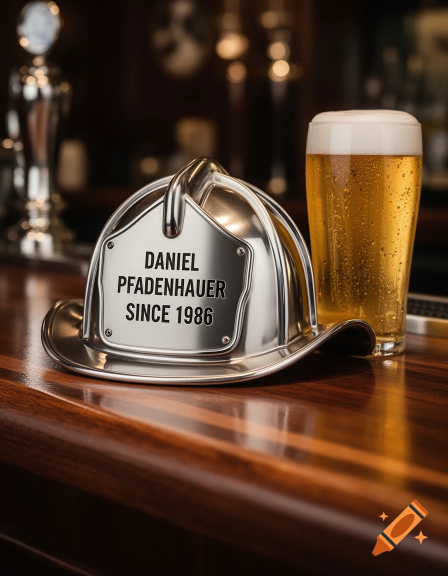 A photorealistic close-up of a silver firefighter helmet with a nameplate "DANIEL PFADENHAUER SINCE 1986" next to a beer on a bar.