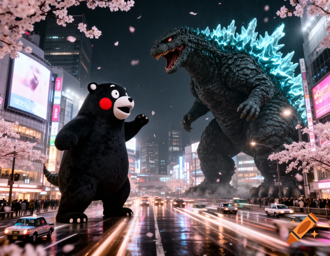 Giant Godzilla facing Kumamon on a wet Tokyo street at night, illuminated by city lights and cherry blossoms.
