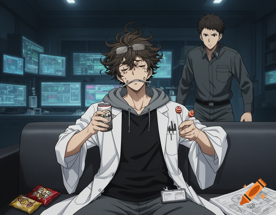 An anime scientist with messy hair, wearing a lab coat over a hoodie, sits on a sofa holding a beer can and two lollipops. Another man stands behind him in a futuristic control room with multiple glowing monitors.